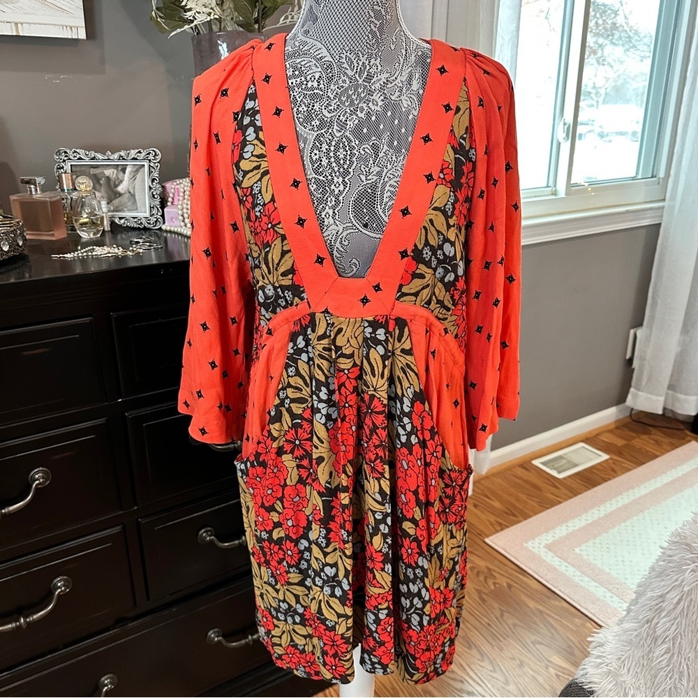 Free People Tallula Poppy Orange Deep-V Mixed Floral Boho Dress Size S - Picture 2 of 16